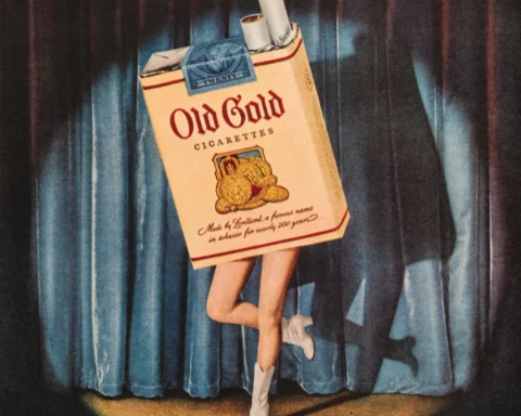 Ilustração dos anos 1950 da propaganda tabagista mostra um maço de cigarros com pernas de mulher dançando em um palco.