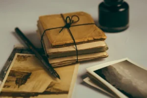 Várias fotografias e pedaços de papel antigos juntos. Representando História Pública.