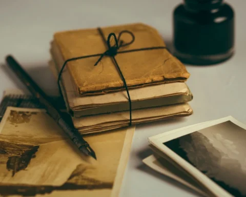 Várias fotografias e pedaços de papel antigos juntos. Representando História Pública.