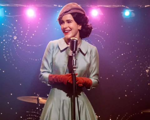 Cena de "A Maravilhosa Mrs. Maisel". Mulher de cerca de 30 anos sorri em um palco iluminado com luzes roxas e azuis.